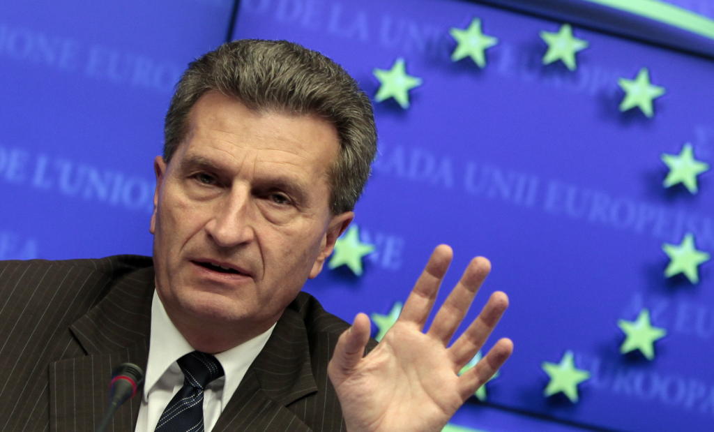 epa02646489 European Commissioner for Energy, German, Gunther Oettinger holds a news conference of an emergency European Union Energy council in Brussels, Belgium 21 March 2011. The ministers met to discuss the impact of Japan's nuclear crisis on Europe's Energy Policy EPA/OLIVIER HOSLET