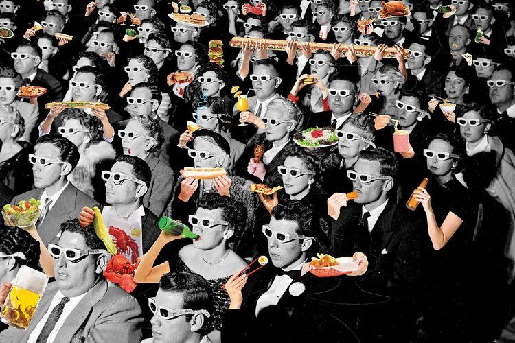 UNITED STATES - 1952:  Full frame of movie audience wearing special 3D glasses to view film Bwana Devil which was shot with new natural vision 3 dimensional technology.  (Photo by J. R. Eyerman/Life Magazine/The LIFE Picture Collection/Getty Images)