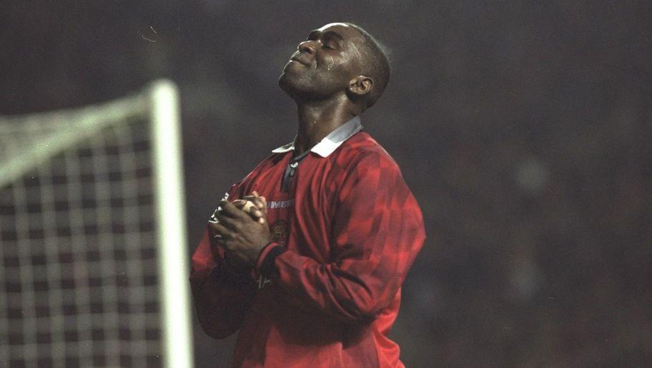 5 Mar 1997: Andy Cole celebrates during the Champions League Quarter Final First Leg against Porto at Old Trafford, Manchester. United won 4-0. Mandatory Credit: Ross Kinnaird /Allsport