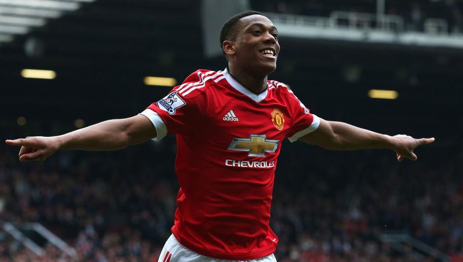 MANCHESTER, ENGLAND - APRIL 03: Anthony Martial of Manchester United (9) celebrates as he scores their first goal during the Barclays Premier League match between Manchester United and Everton at Old Trafford on April 3, 2016 in Manchester, England. (Photo by Alex Livesey/Getty Images)
