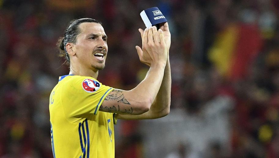 Sweden's forward Zlatan Ibrahimovic applauds to acknowledge the spectators at the end of the Euro 2016 group E football match between Sweden and Belgium at the Allianz Riviera stadium in Nice on June 22, 2016. / AFP / JONATHAN NACKSTRAND (Photo credit should read JONATHAN NACKSTRAND/AFP/Getty Images)