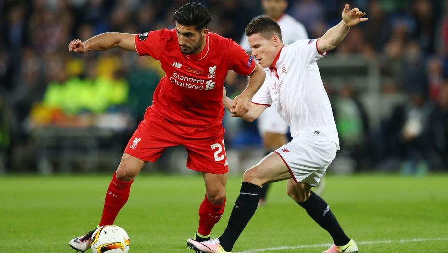 BASEL, SWITZERLAND - MAY 18: Emre Can of Liverpool and Kevin Gameiro of Sevilla compete for the ball during the UEFA Europa League Final match between Liverpool and Sevilla at St. Jakob-Park on May 18, 2016 in Basel, Switzerland. (Photo by Julian Finney/Getty Images)