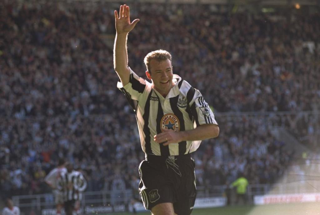 5 Apr 1997:  Alan Shearer of Newcastle United celebrates after he scored the equalizer during the Premier League match against Sunderland at St. James Park, Newcastle. The game was drawn 1-1.  Mandatory Credit: Stu Forster /Allsport