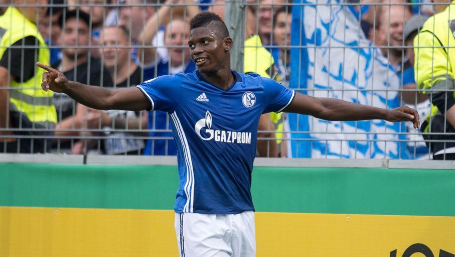 FREIBURG IM BREISGAU, GERMANY - AUGUST 20: Breel Embolo of Schalke celebrates his team's second goal during the DFB Cup match between FC 08 Villingen and FC Schalke 04 at  Schwarzwald-Stadion on August 20, 2016 in Freiburg im Breisgau, Germany. (Photo by Daniel Kopatsch/Bongarts/Getty Images)