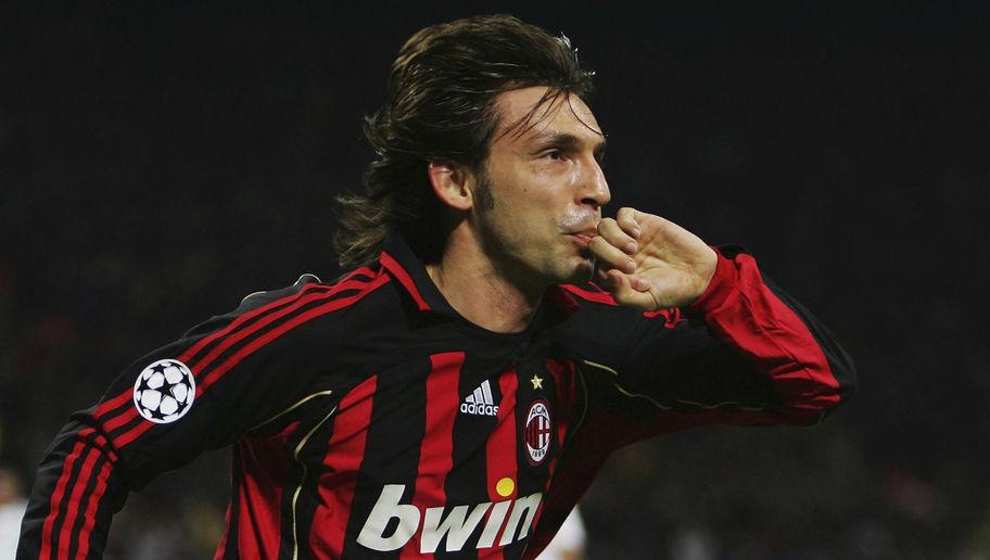 MILAN, ITALY - APRIL 03: Andrea Pirlo of Milan celebrates after scoring the opening goal during the UEFA Champions League quarter final first leg match between AC Milan and Bayern Munich at the Giuseppe Meazza stadium on April 3, 2007 in Milan, Italy. (Photo by Sandra Behne/Bongarts/Getty Images)