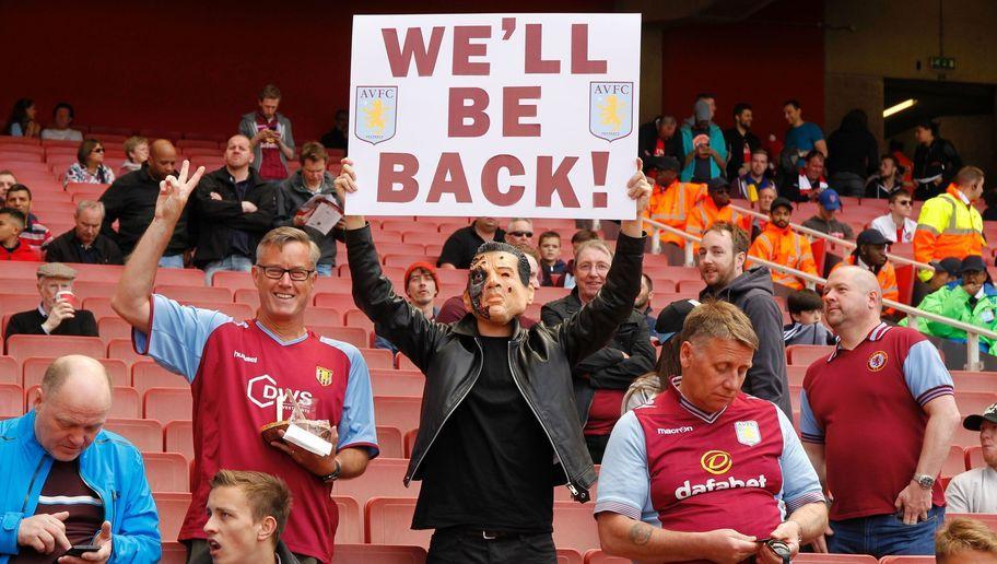 Aston Villa supporter holds a placard that reads "We'll be Back" ahead of the English Premier League football match between Arsenal and Aston Villa at the Emirates Stadium in London on May 15, 2016.  / AFP / Ian Kington / RESTRICTED TO EDITORIAL USE. No use with unauthorized audio, video, data, fixture lists, club/league logos or 'live' services. Online in-match use limited to 75 images, no video emulation. No use in betting, games or single club/league/player publications.  /         (Photo credit should read IAN KINGTON/AFP/Getty Images)