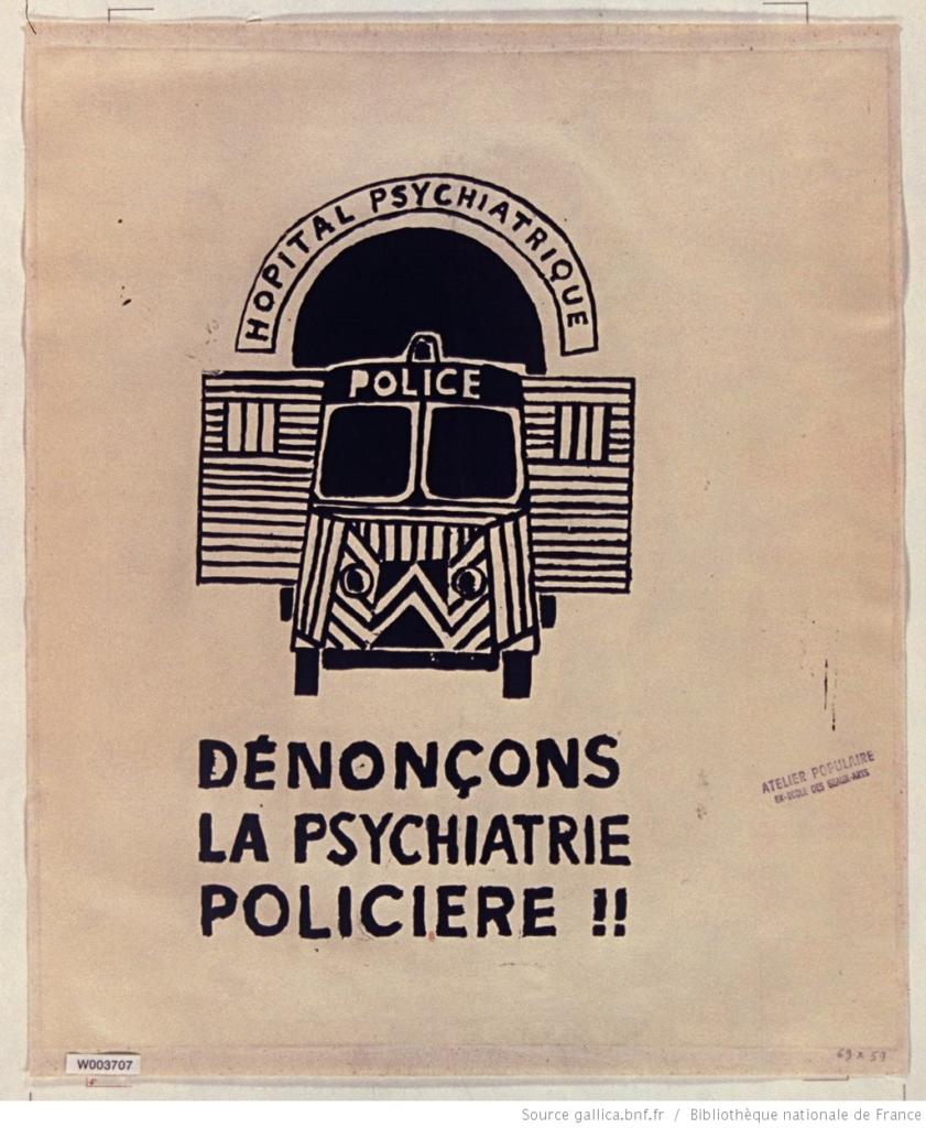 Постерот имплицира дека полицијата е толку брутална што се однесува како да е тазе пуштена од психијатриска клиника